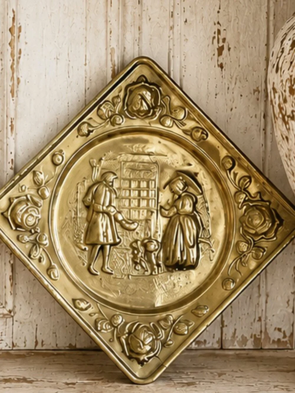 Set of 2 Vintage Brass Peerage Victorian Scenes Embossed Plaques Made in England